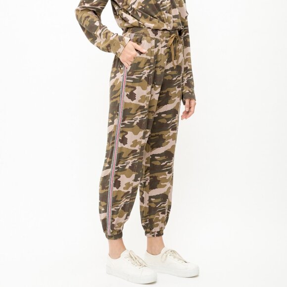 MYSTREE Camo Jogger Pants, Green Brown Drawstring Lounge Pants with Side Stripe - Picture 3 of 8